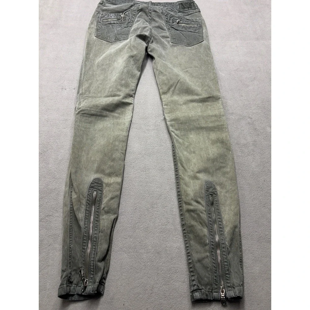 Robins Jean Mens Moto Biker Slim Pants Faded Olive Green Zipper Ribbed Knee 29